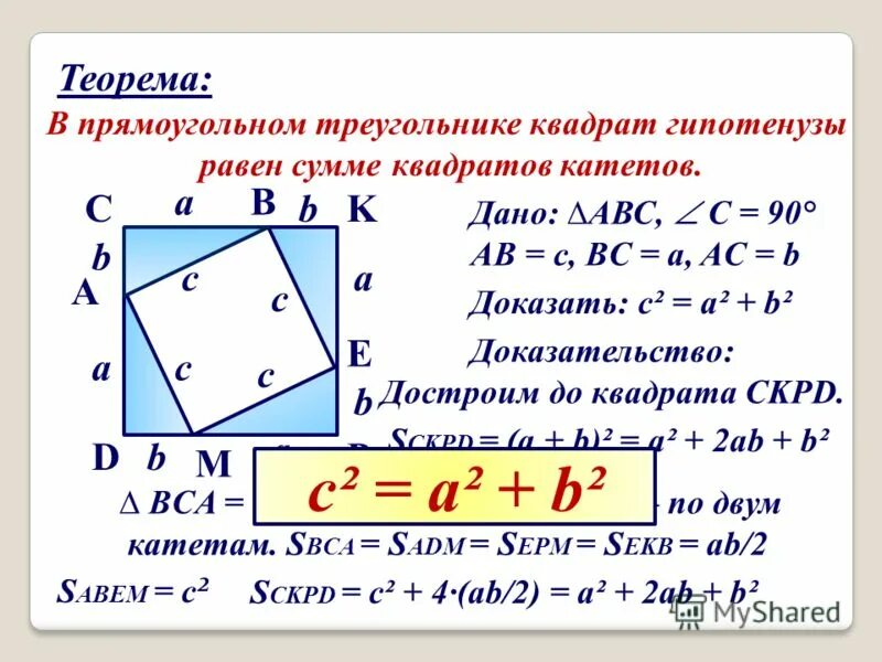 Как доказать теорему. Теорема Пифагора 8 класс геометрия формулы. В прямоугольном треугольнике квадрат гипотенузы равен. Теорему о квадрате гипотенузы прямоугольного треугольника. Квадрат гипотенузы равен сумме квадратов катетов.
