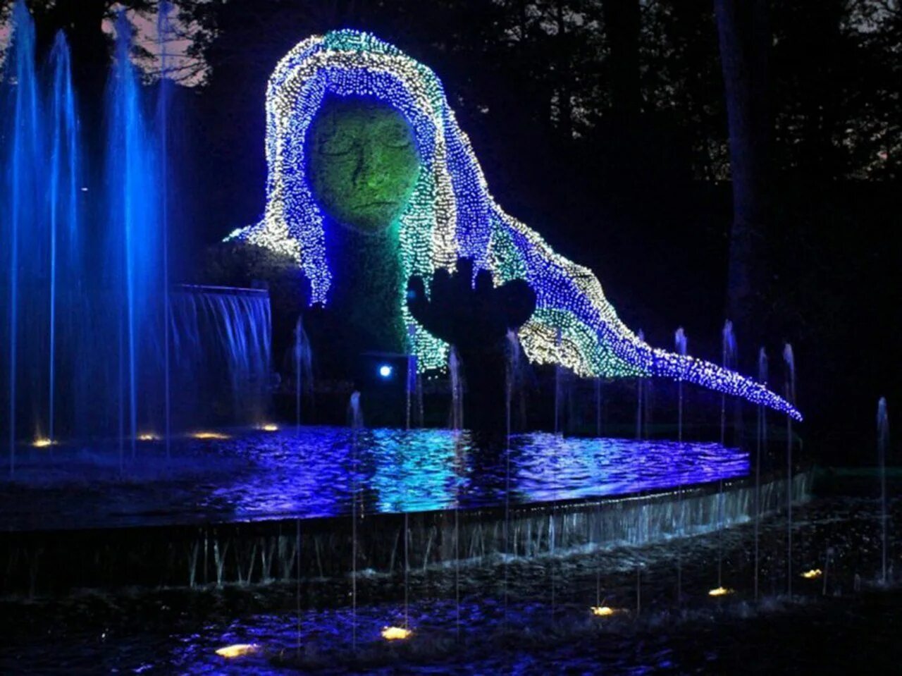 Атланта свет. Ботаникал Гарден Атланта. Атланта Ботанический сад. Ночь сад фонтан. Фиолетовый фонтан в саду ночью.