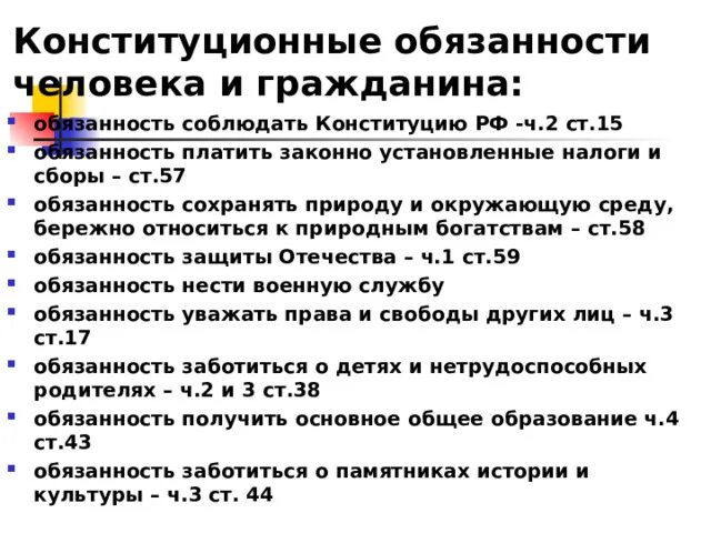 Конституционная ответственность гражданина рф. Конституционные обязанности гражданина России. Конституционные обязанности 2 глава Конституции. Конституционные обязанности человека и гражданина. Общие обязанности по Конституции.