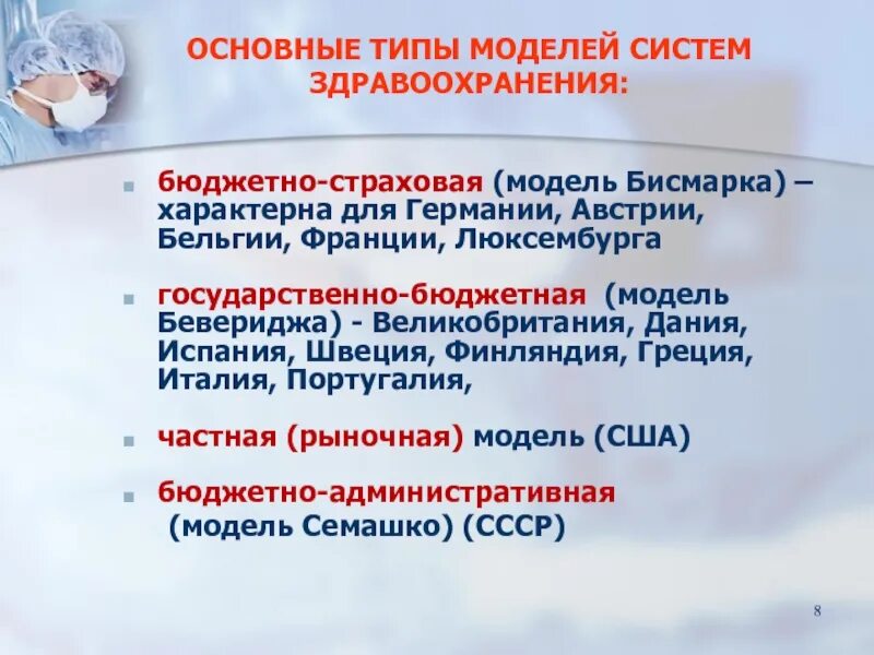 Страхование бюджетных учреждений. Типы систем здравоохранения. Модели здравоохранения. Системы здравоохранения в мире. Основные модели здравоохранения.