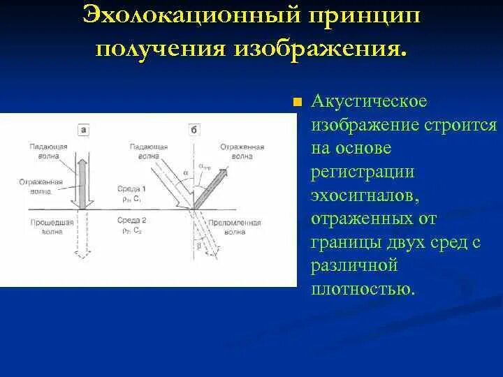 Принцип получения изображения. Принципы получения изображения. эхолокационный снимок принцип. закон снеллиуса для границы двух сред акустический каротаж. метод эхолокационной диагностики..