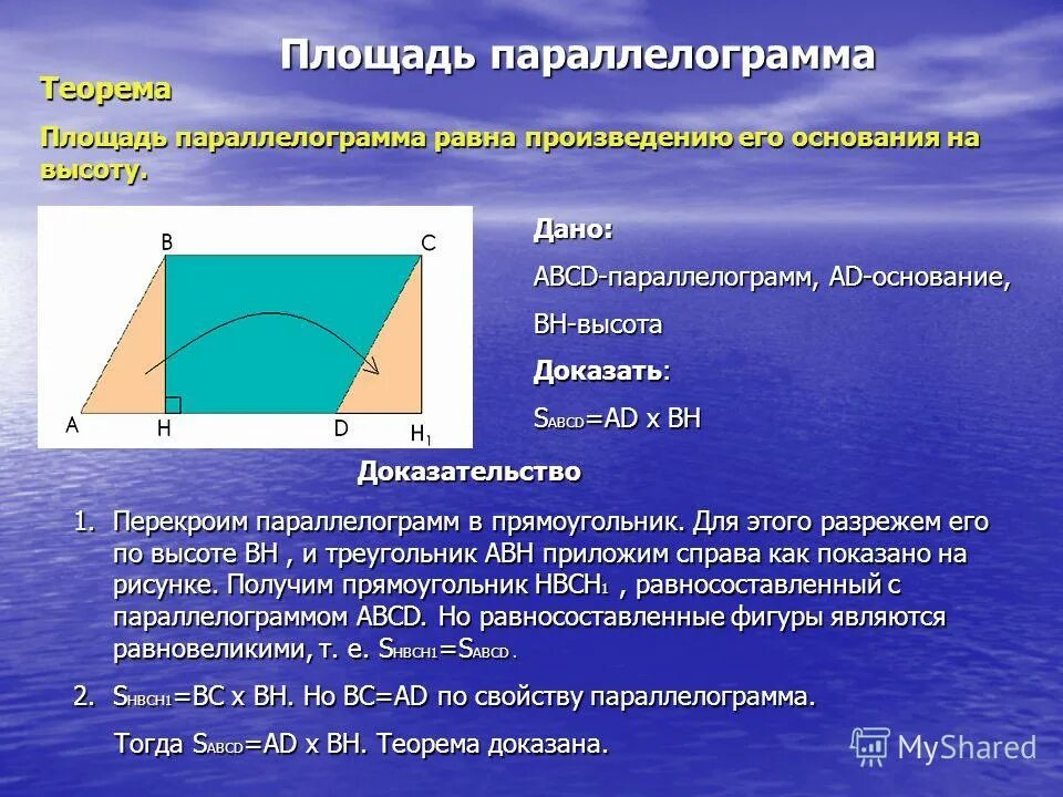 Площадь параллелограмма равна произведению его основания. Площадь параллелограмма доказательство. Теорема о площади параллелограмма. Площадь параллелограмма формулировка и доказательство. Теорема о площади параллелограмма с доказательством.