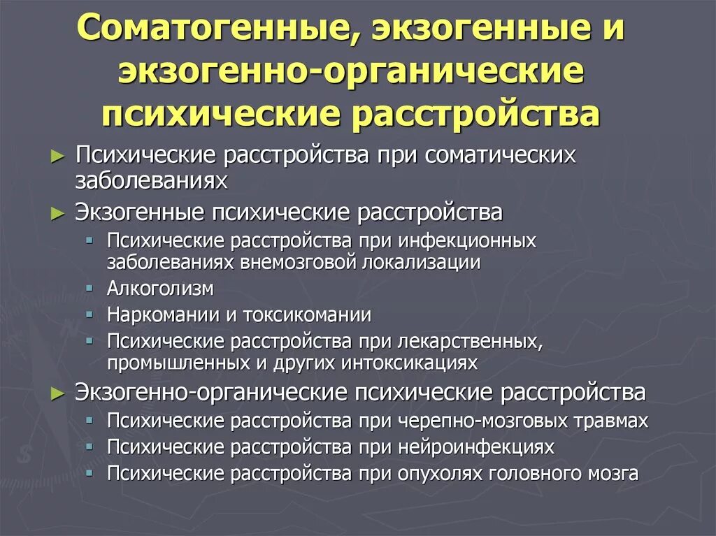 Экзогенные психические расстройства. Экзогенно-органические расстройства. Эндогенные и экзогенные психические расстройства. Экзогенные причины психических расстройств.