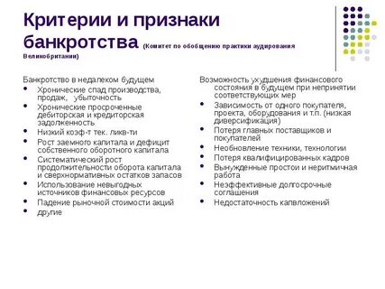 Критерии банкротства