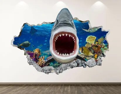 Wild Shark Wall Decal Aquarium 3D Smashed Wall Art Sticker - Etsy UK.