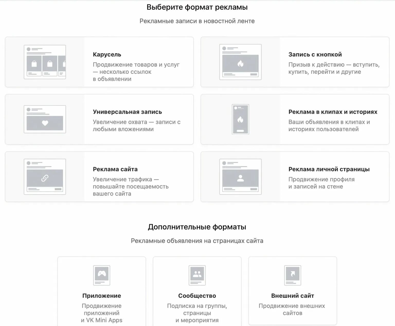 Выберите форматы. Форматы рекламы. рекламные записи в новостной ленте вк. форматы таргетированной рекламы. форматы рекламы вк универсальная запись.
