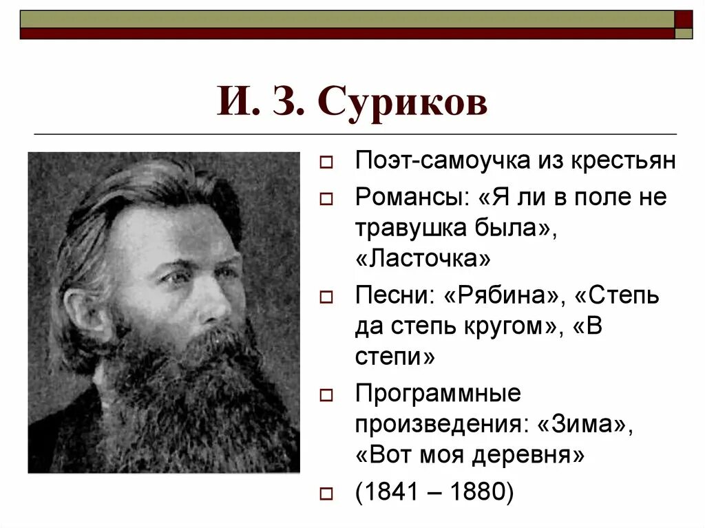 И З Суриков. И З Суриков я ли в поле да не травушка была. Суриков поэт.