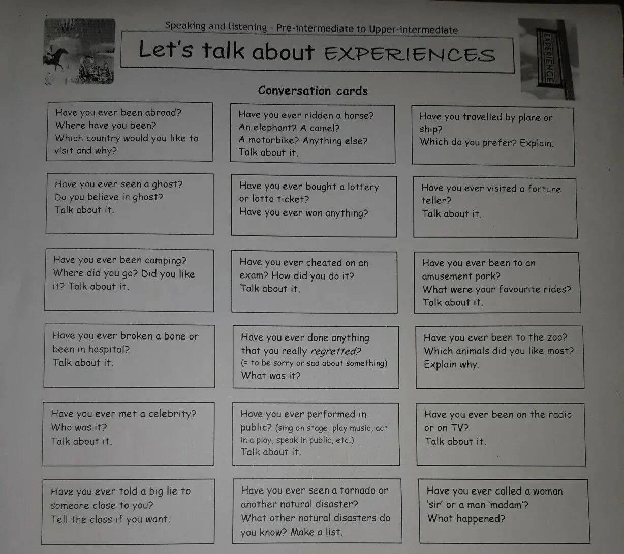 What would you like to talk about. Speaking pre Intermediate. Lets talk about experiences. Speaking Cards for Upper Intermediate. Conversation Cards Let's talk about.