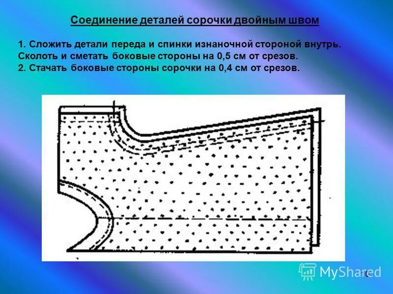 Соединение строчкой слоев материала. Обработка боковых швов ночной сорочки. Боковые срезы в ночной сорочке. Боковой срез ночной сорочки обрабатывают швом. Обработка боковых срезов ночной сорочки.