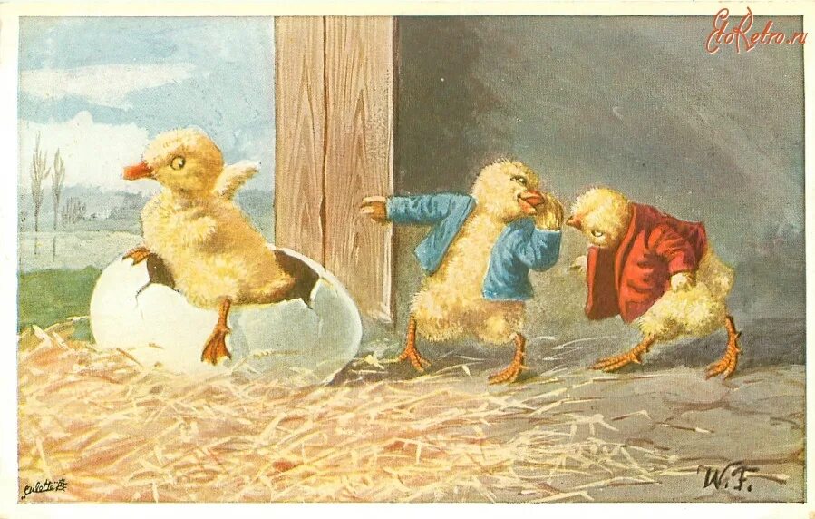 2 chicks. Винтажная открытка с утятами. Гуси ретро. Утка в чепчике. Гусята птенцы живопись.