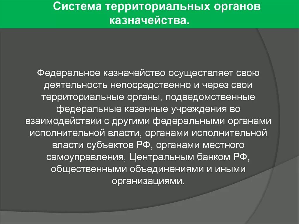 Система территориальных органов. Главные задачи органов казначейства:. Федеральное казначейство осуществляет. Казначейство Центральный аппарат руководство.