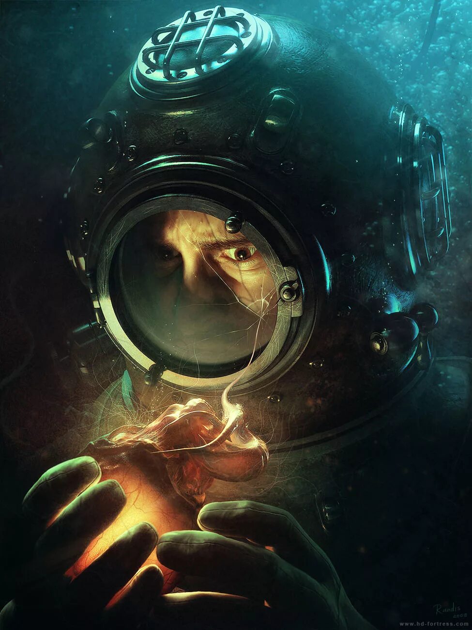 Арт Лавкрафт водолаз. Космонавт фэнтези. Подводный космос. Подводная тематика.