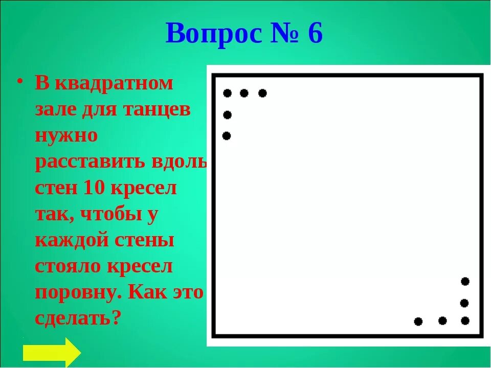 В квадратном зале для танцев. Вдоль стен 10 кресел в квадратном зале. В квадратном зале 10 стульев. Расставить 10 кресел в квадратном зале вдоль стен поровну.