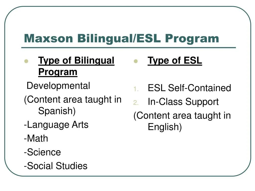 Type program. ESL program. Types of Bilingualism. Bilingual method. Types of programmes