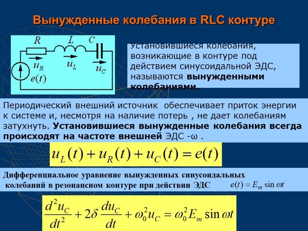 Вынужденные колебания в RLC контуре. Дифференциальное уравнение колебаний в последовательном RLC контуре. Вынужденные электромагнитные колебания в RLC-контуре.. Вынужденные колебания в электрическом контуре.