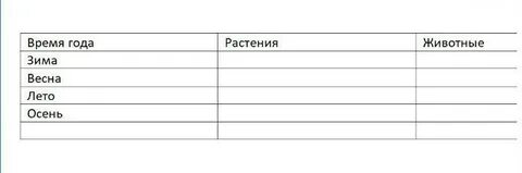 Заполните таблицу времена года