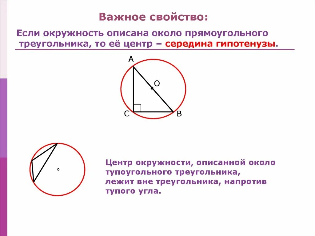 Центр описанной окружности 8 класс. Окружность описанная около тупоугольного треугольника. Центр окружности описанной около прямоугольного треугольника. Нахождение центра окружности описанной около треугольника. Радиус описанной окружности около тупоугольного треугольника.