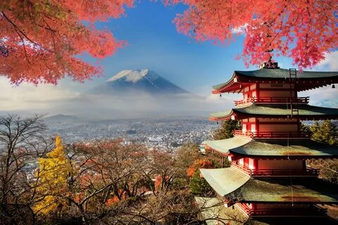 Mount Fuji with fall colors in Japan.