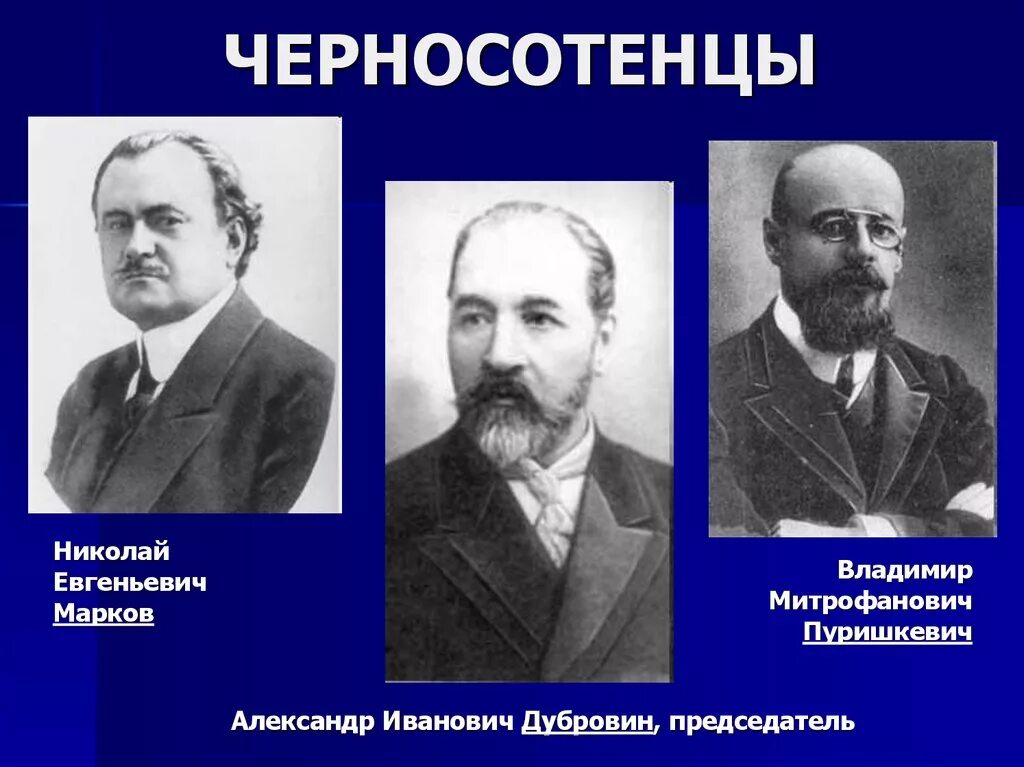 Политические организации 1905. Дубровин и Пуришкевич Лидер партии. Партия "Союз русского народа" руководитель партии. Черносотенцы 1905 Лидеры. Пуришкевич Марков Дубровин.