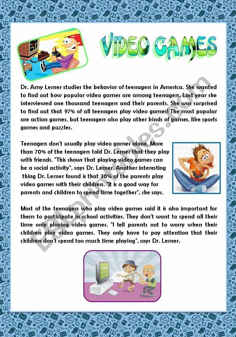 Computers text for reading. Worksheets about computer games. text about games. computer games texts for kids. video games texts for reading.