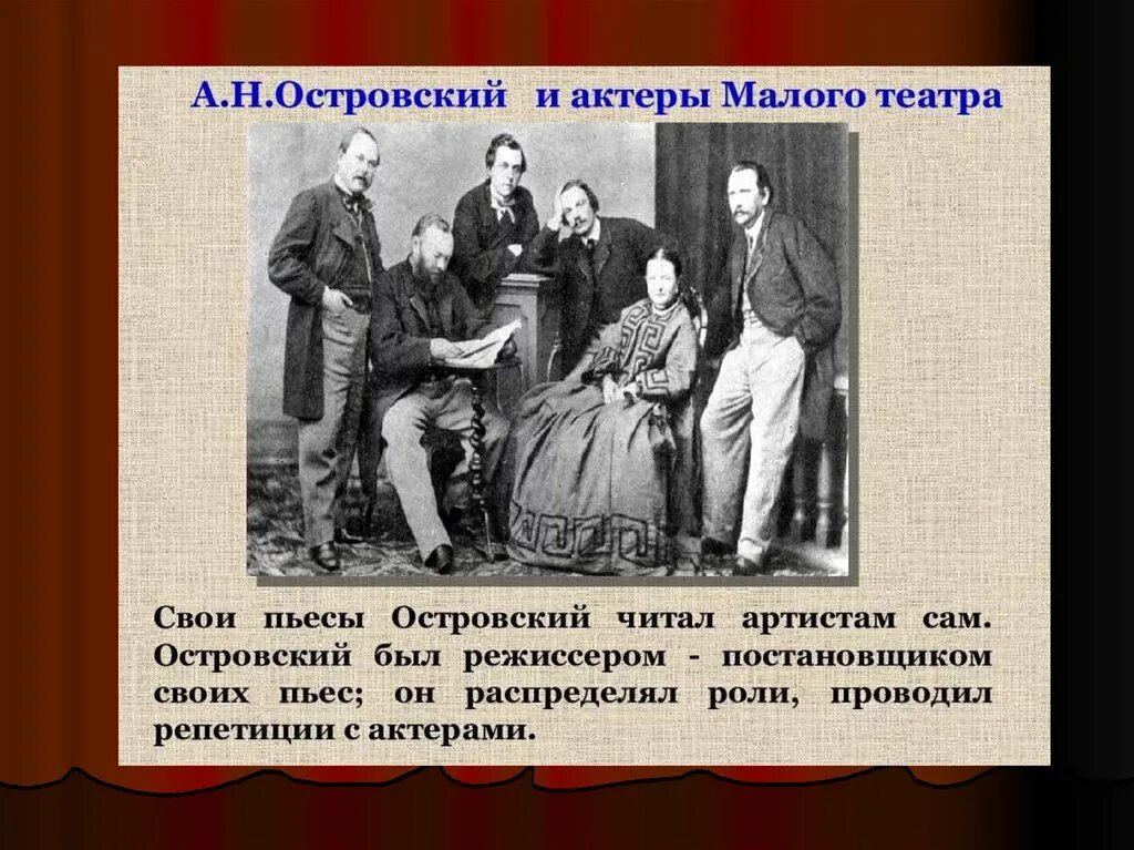 В чем видел счастье островский. Островский а. н. с артистами малого театра. Островский и театр. А. Островский. Пьесы.