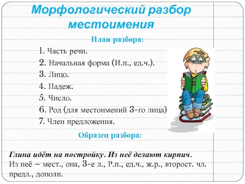 Морфологический разбор каждой. План морфологического разбора местоимения с примерами. Морфологический разбор местоимения пример. Морфологический разбор местоимения 6 класс примеры. Морфологический разбор местоимения 7 кл.