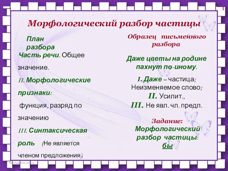 Как делать морфологический разбор союза. Порядок морфологического разбора частицы.