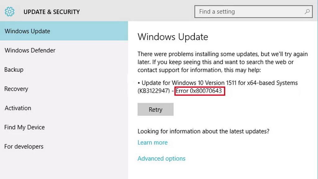 Ошибка 0x80070643. Ошибка обновления виндовс 10 0x80070643. 80070643 Ошибка обновления Windows 10. 0x80070643.