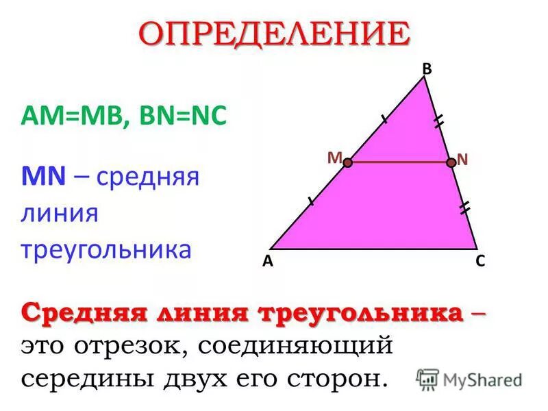 Средняя линия треугольника. Средняя линия треуголник. Сред линия в треугольнике. Средняя линия трецгольни.