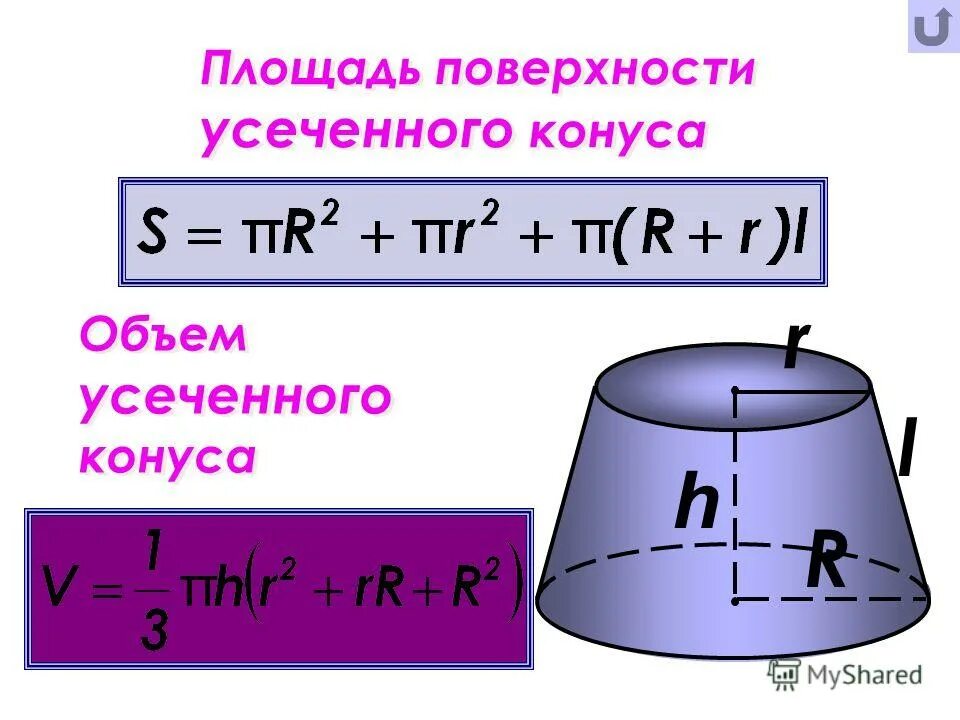 Как найти площадь полной поверхности усеченного конуса формула. Площадь полной поверхности усечённого конуса. Усеченный конус площадь боковой поверхности. Усеченный конус формула площади поверхности.