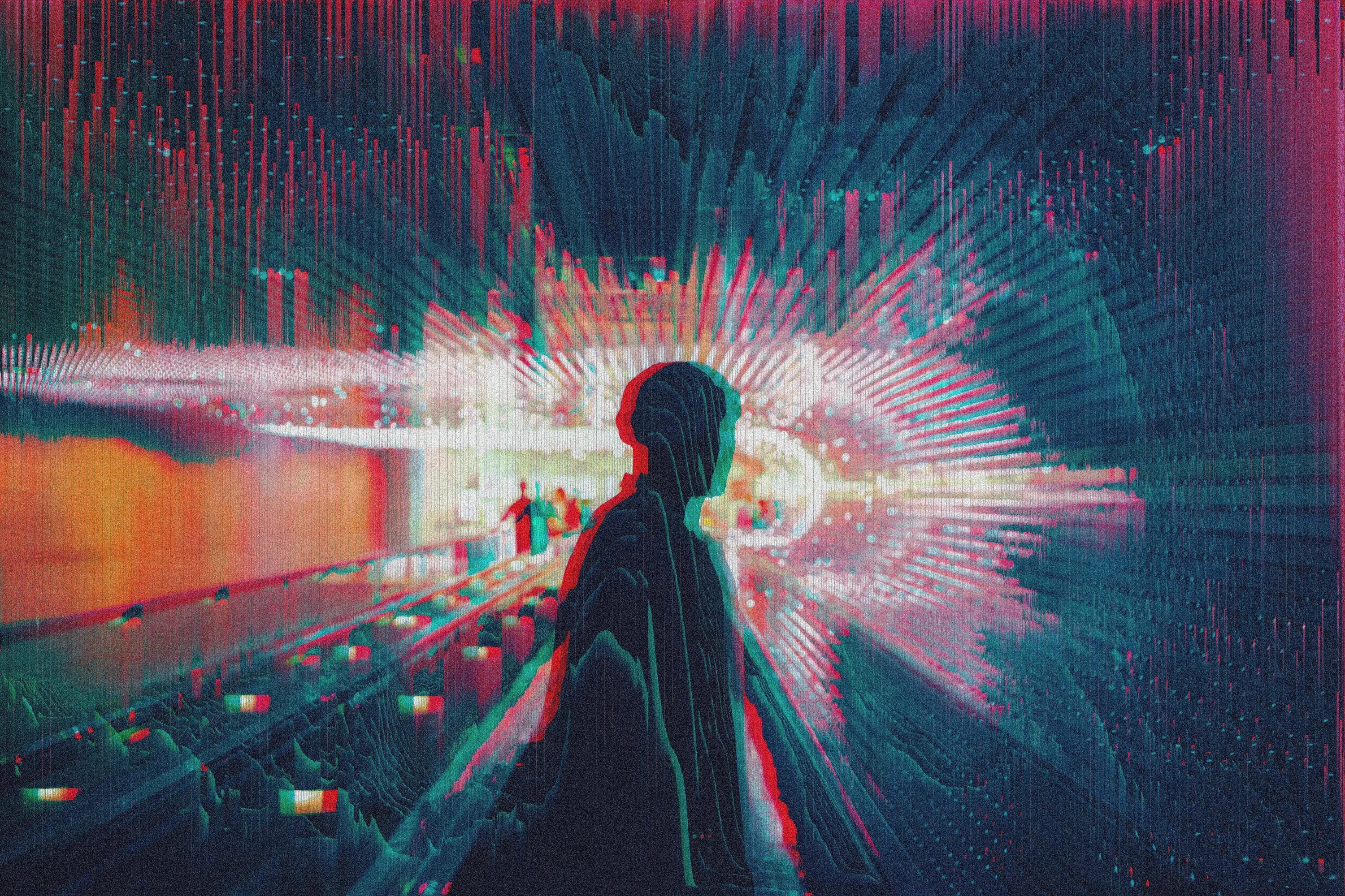 Помехи. Неоновый пейзаж. Глитчи хайперпоп. Глитч арт. Пибби глитч.