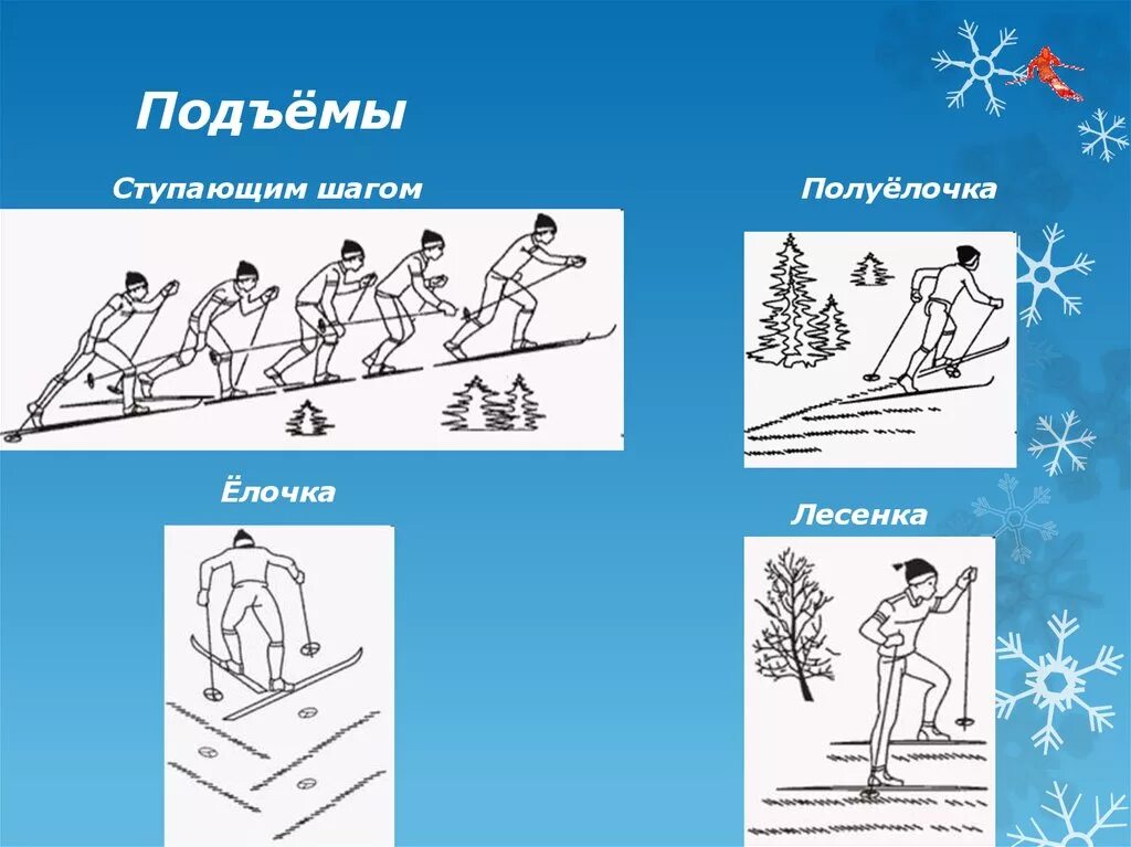 Подъемы елочкой полуелочкой лесенкой. Подъем ступающим шагом на лыжах. Классификация лыжных ходов. Типы передвижения на лыжах.