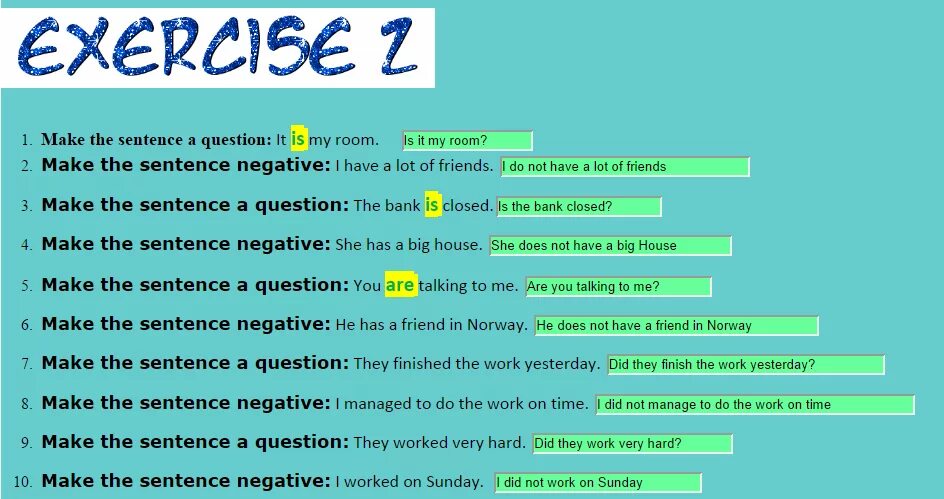 Negative sentences. Make the sentences negative. Make the sentences negative and ask questions. Номера в игре sentences. Make sentences with well