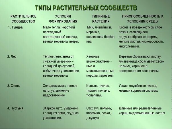 Сравнительная характеристика природных зон россии 8 класс. Типы растительны обществ таблица. Типы растительных сообществ общий вид. Характеристика растительных сообществ. Растительные сообщества таблица.