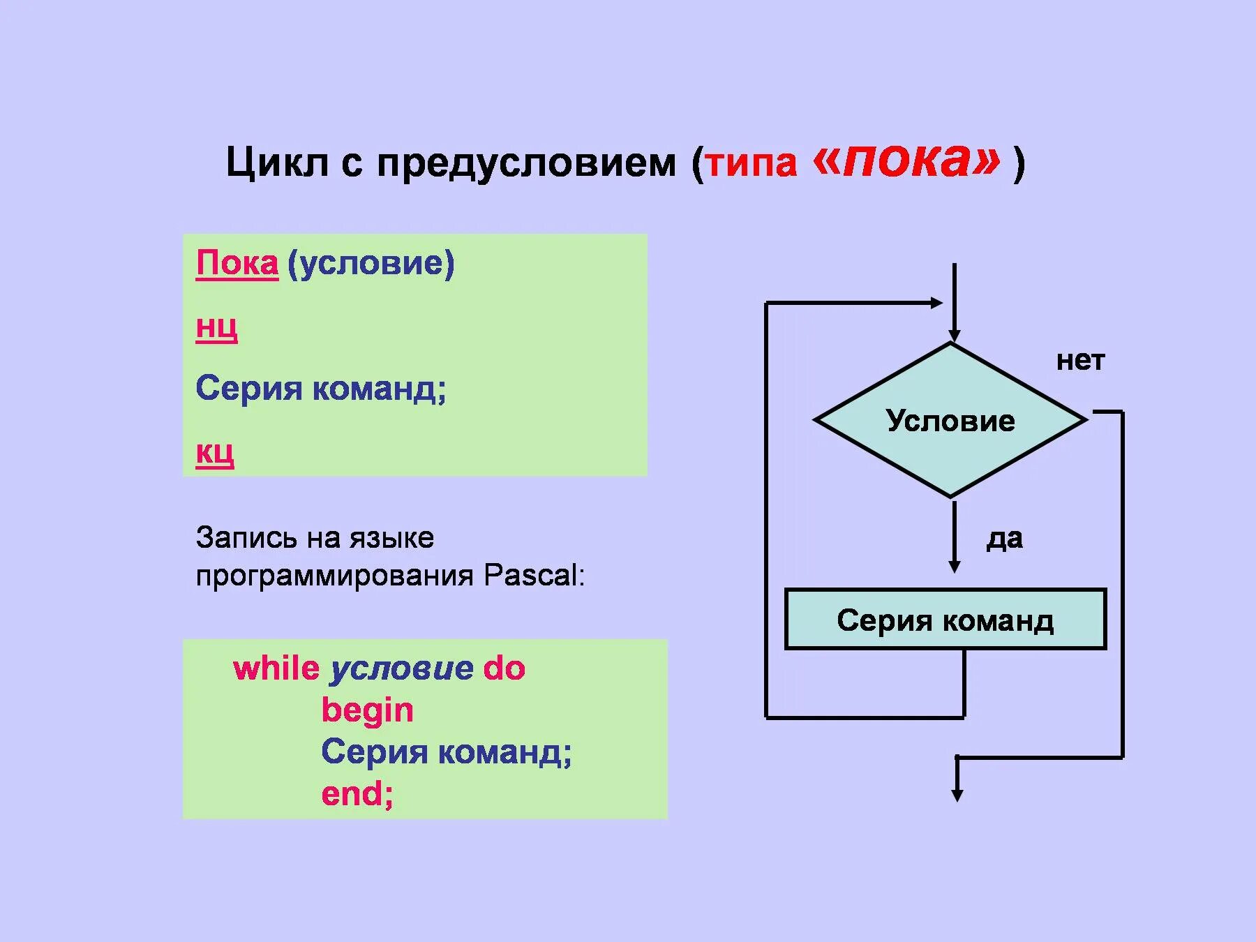 Алгоритм цикла с предусловием. Цикл с предусловием Паскаль блок схема. Оператор цикла с предусловием в Паскале. Циклический алгоритм, цикл "пока", цикл с предусловием;. Цикл с условием 8 класс презентация