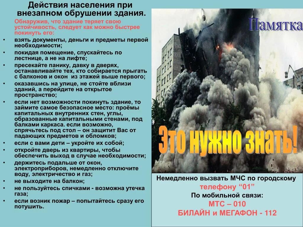 Действия при обрушении здания. При внезапном обрушении здания. Обрушение зданий памятка. Правила поведения при обрушении здания. Поведение при обвале