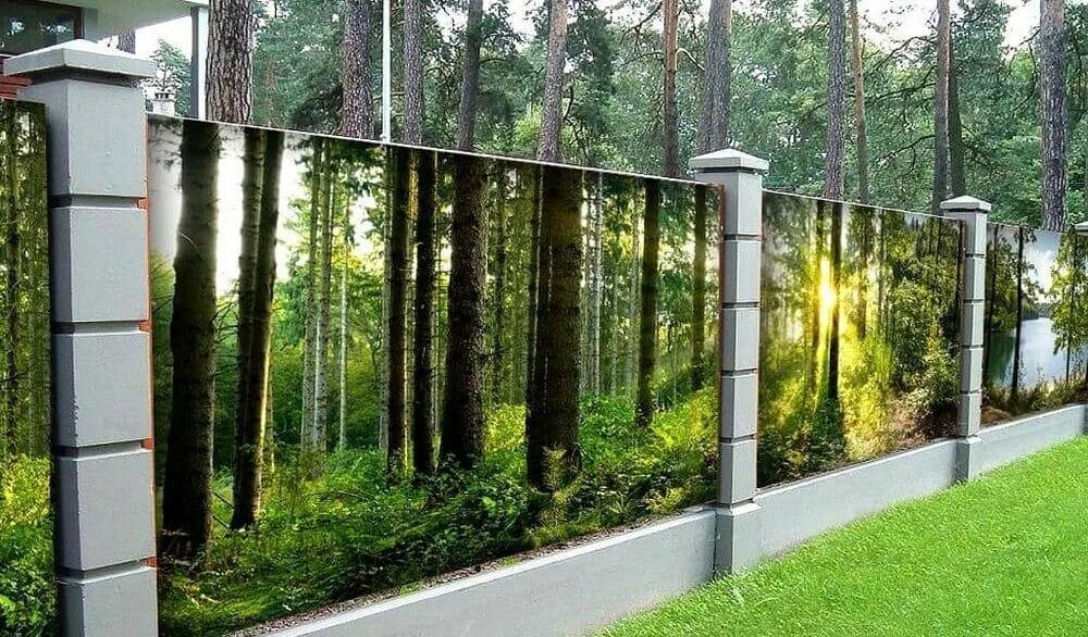 Озон забор. Забор с фотопечатью. прозрачный забор. прозрачный забор на участке. фотосетка для забора.