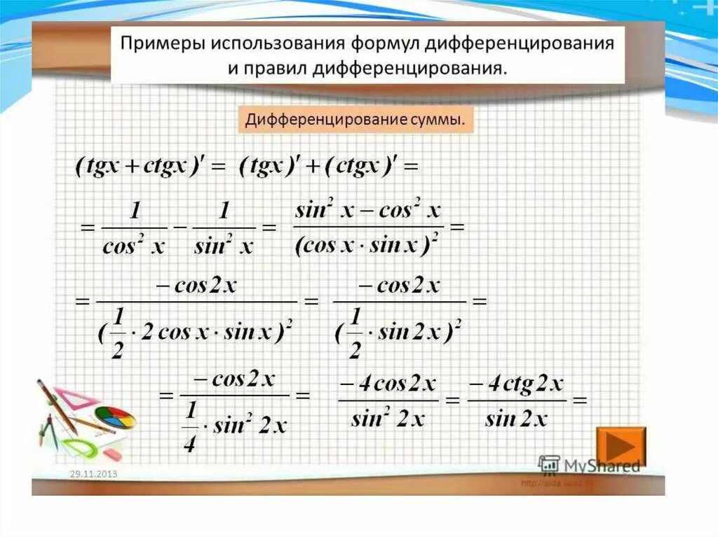 Производная функция урок. Формулы правил дифференцирования. Производные функции примеры. Правила дифференцирования примеры. Производная формулы примеры.