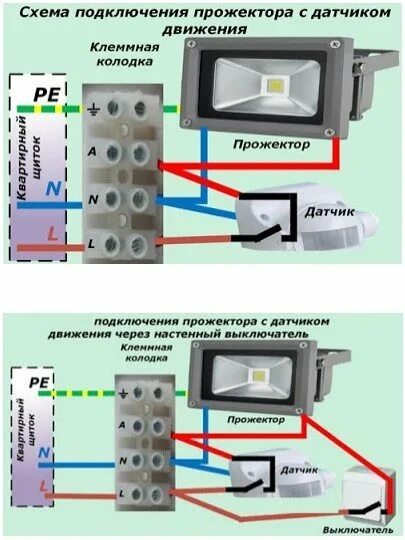 Как подключить движения. Схема подключения диодного фонаря с датчиком движения. Схема подключения двух прожекторов к датчику движения. Схема подключения кабеля с датчиками движения. Схема подключения диодного прожектора с датчиком движения.