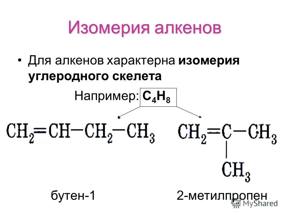 Реакция изомеризации характерна для. Структурная изомерия алкенов. Алкены изомерия углеродного скелета. Структурные изомеры алкенов. Изомерия углеродного скелета а лкеноа.