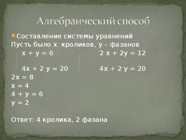 Сколько фазанов и кроликов. Задача про фазанов и кроликов решение. Задача про фазанов и кроликов решение без уравнения. Какой использовали метод при решении задачи о фазанах и кроликах.