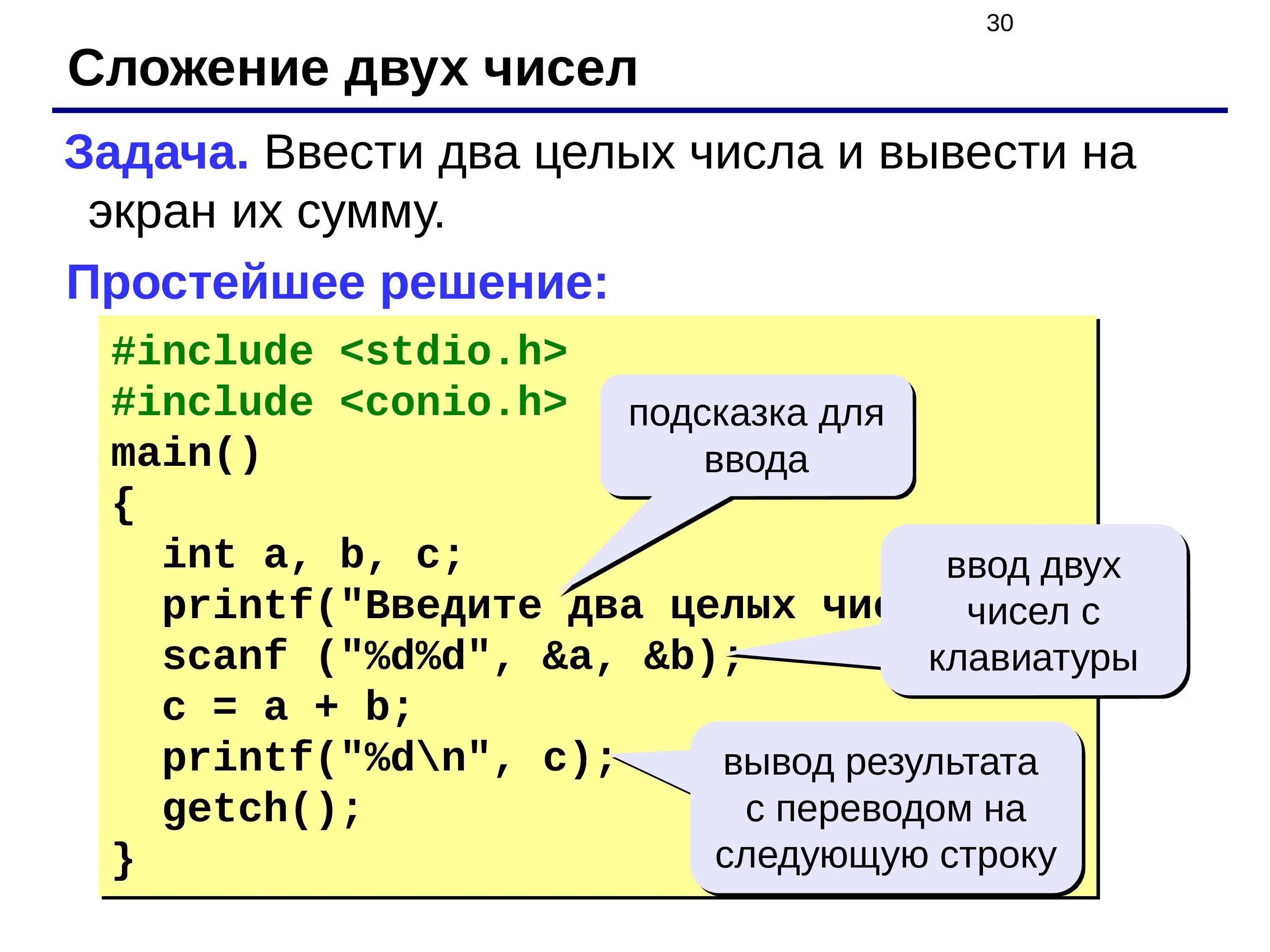 Си (язык программирования). Сложение двух целых чисел. Сложение двух чисел на языке си. Вывод чисел в си.