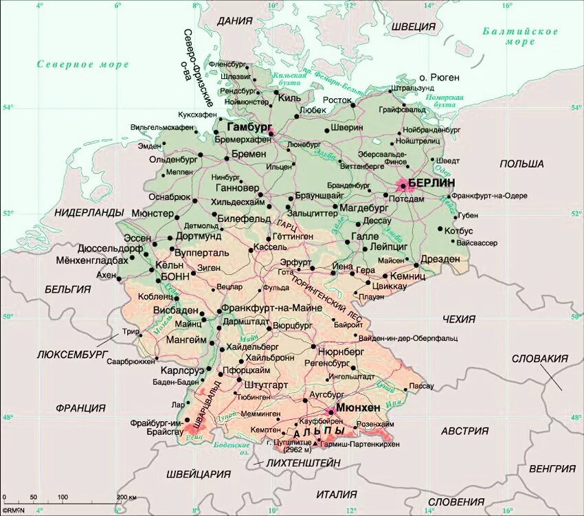 Карта германии 2023. Юг Германии на карте. Карта Германии со всеми городами. Географическая карта Германии. Географическая карта ФРГ.