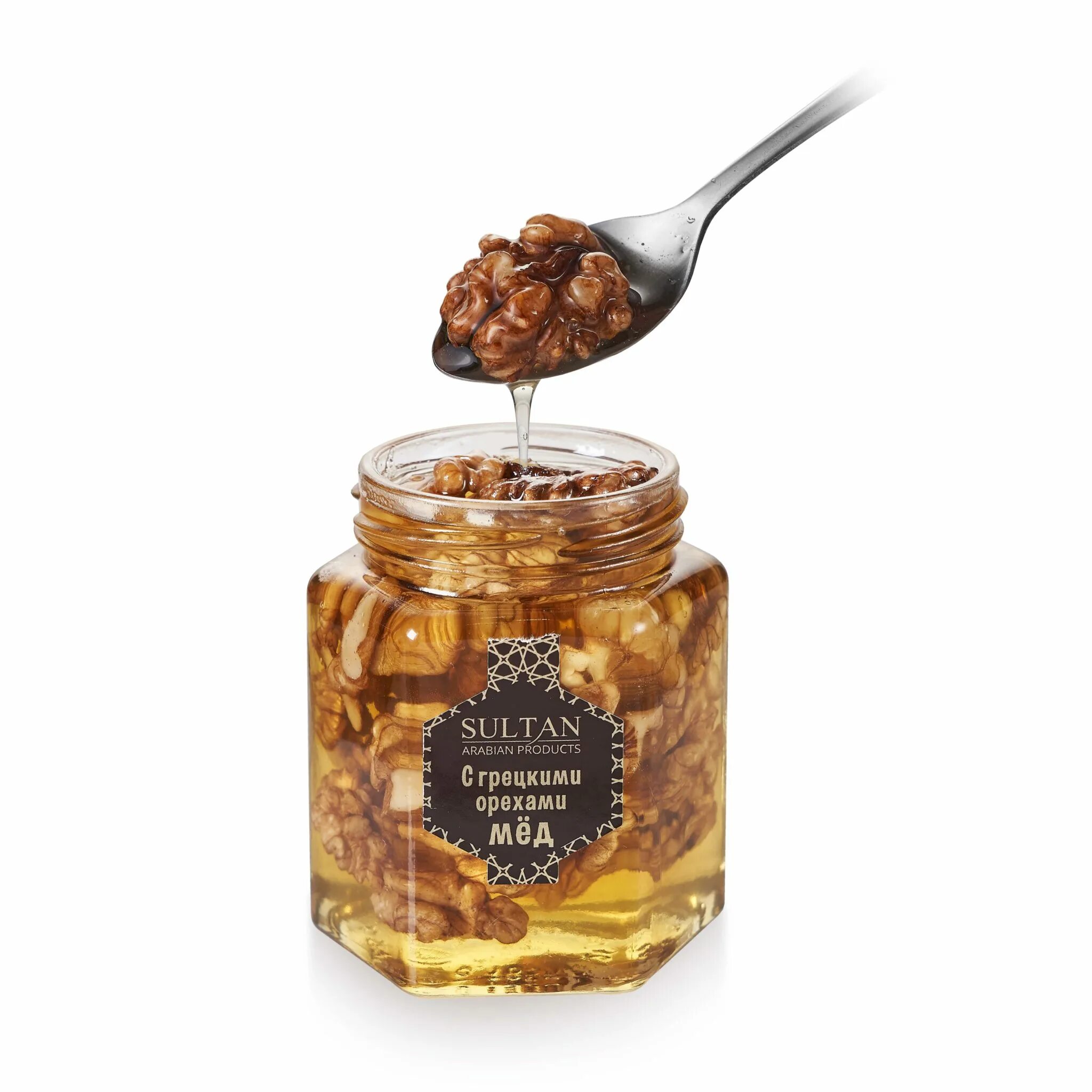 Грецкий мед купить. Мёд с орехом грецким орехом. Мёд <грецкий орех> 240 мл. Sultan мёд с грецким орехом. Sultan Arabian products курага 500 г.