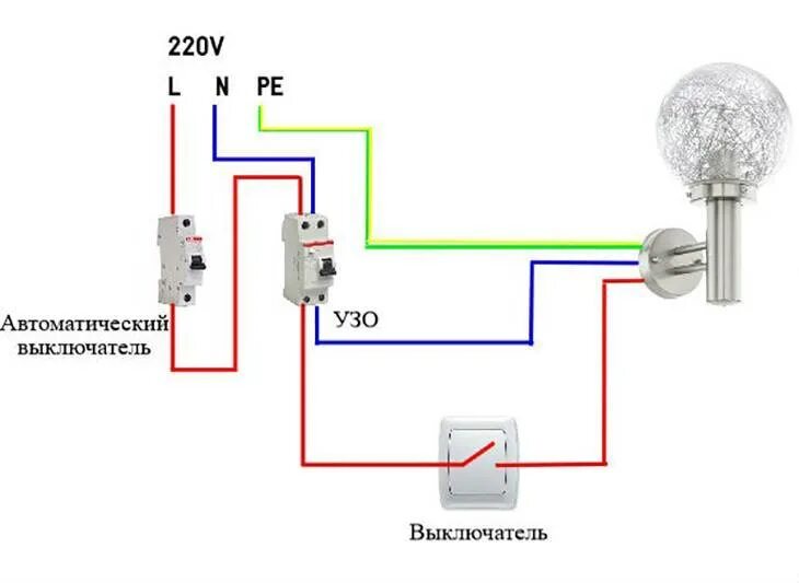 Проводка освещения. Схема подключения выключателя через автомат. Схема подключения выключателя автомата и светильника. Как подключить бра переключатель схема. Схема подключения лампочки через выключатель и автомат.