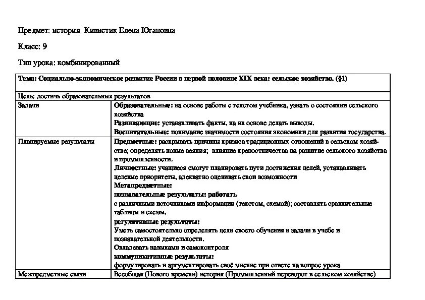 Технологическая карта истории 9 класс