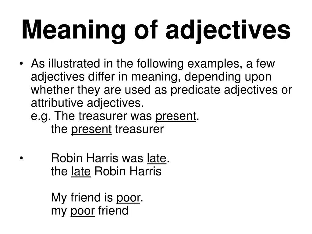 What is adjective. Meaning adjective. Definitions in English. English presentation example. Adjectives definition