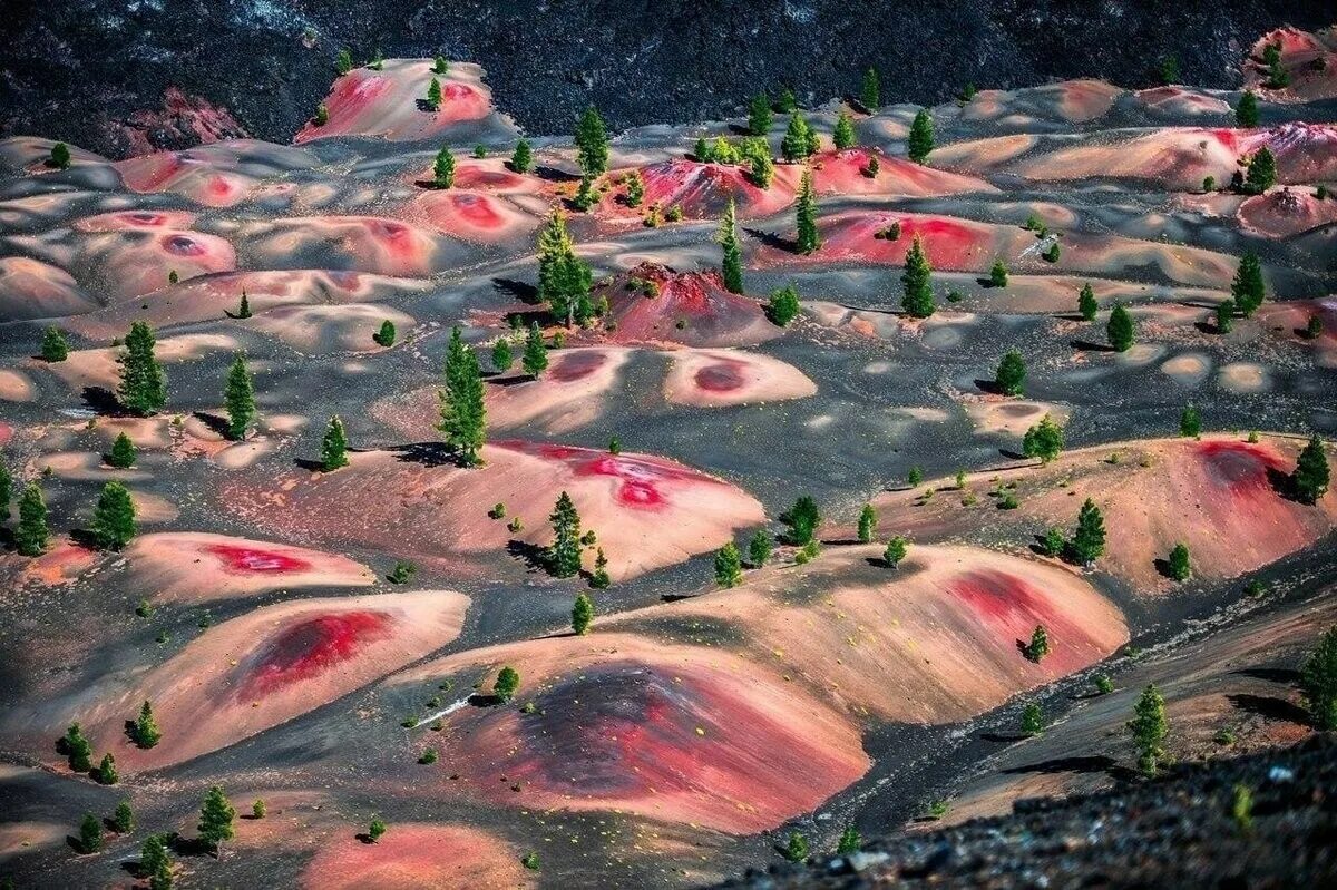 Лассен Волканик национальный парк. Разноцветные дюны национального вулканического парка Лассен. Лассен-Волканик, Северная Калифорния, США.. Разноцветные дюны в парке Лассен США. Места с уникальной природой