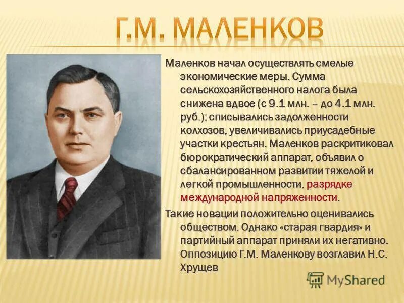 Кто сменил сталина на посту председателя совета. Маленков 1953–1955.