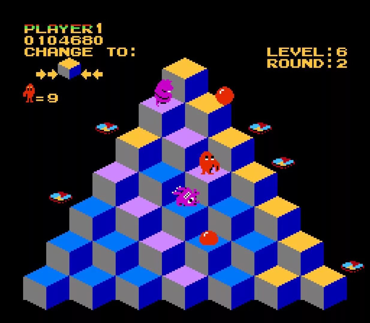 Игры где надо перепрыгивать. Q Bert Atari 2600. Кьюберт игра. Игра квадратики. Игра квадрат прыгает.